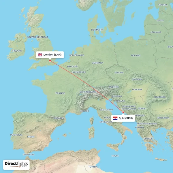 London - Split direct flight map