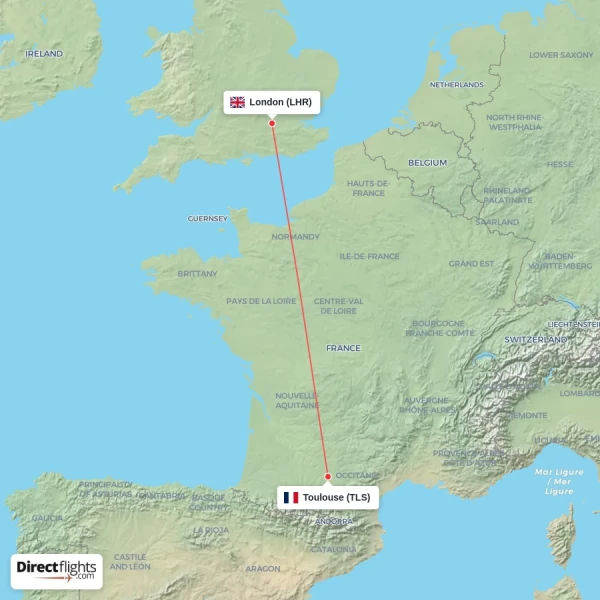 London - Toulouse direct flight map