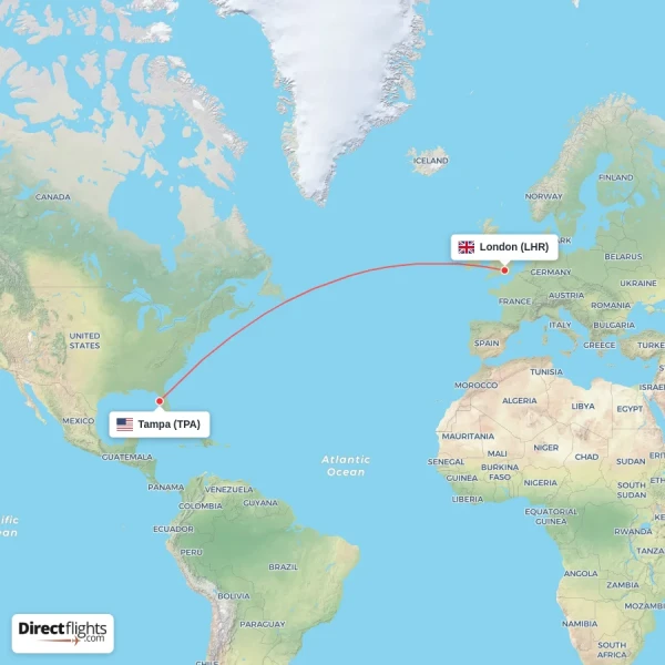 London - Tampa direct flight map