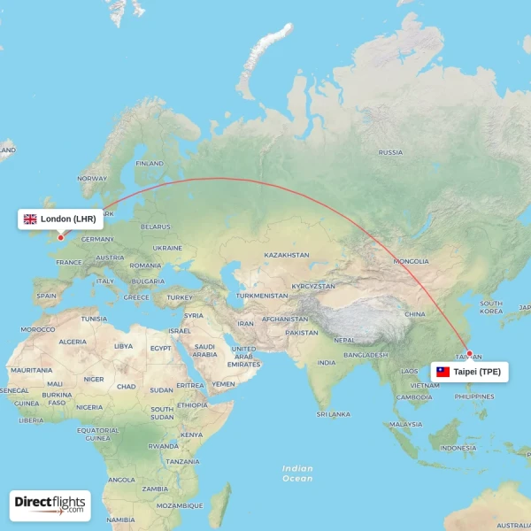 London - Taipei direct flight map