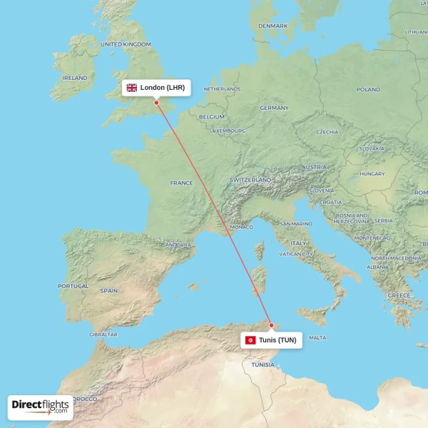 London - Tunis direct flight map
