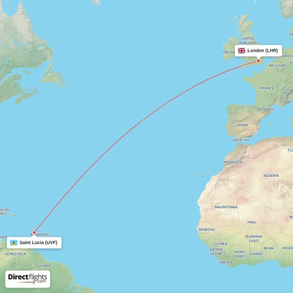 London - Saint Lucia direct flight map