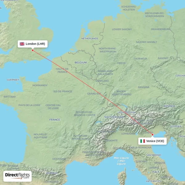 London - Venice direct flight map