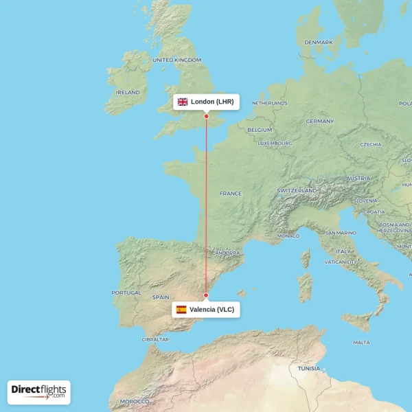 London - Valencia direct flight map