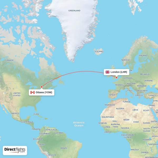 London - Ottawa direct flight map