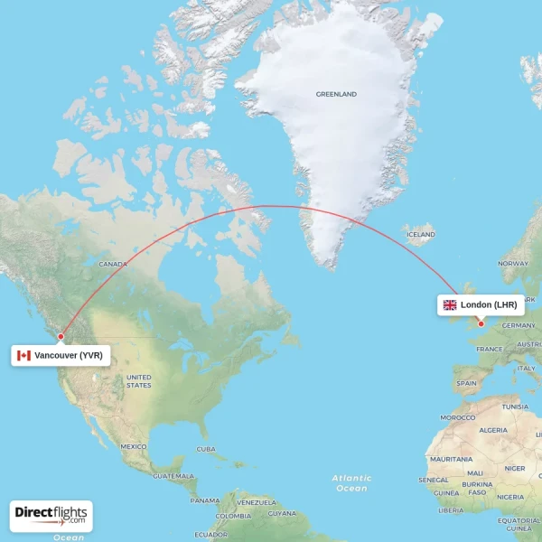 London - Vancouver direct flight map