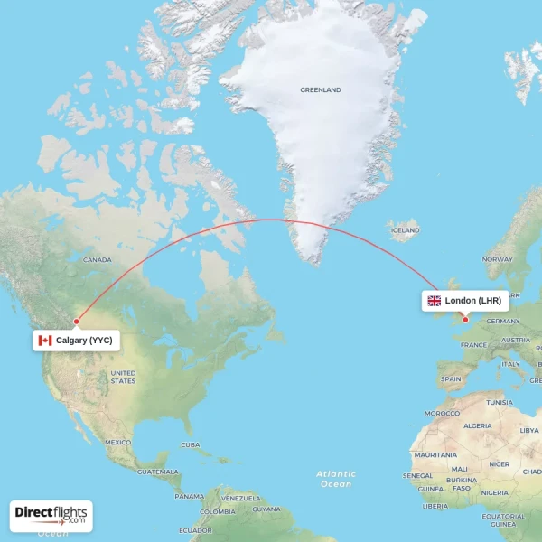 London - Calgary direct flight map