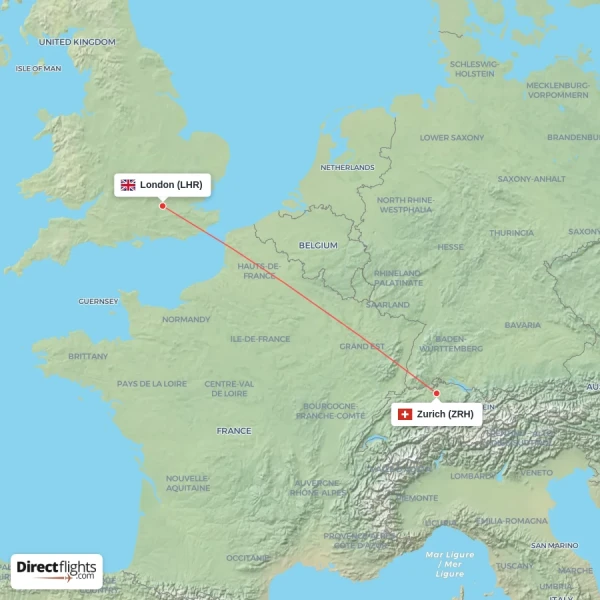 London - Zurich direct flight map