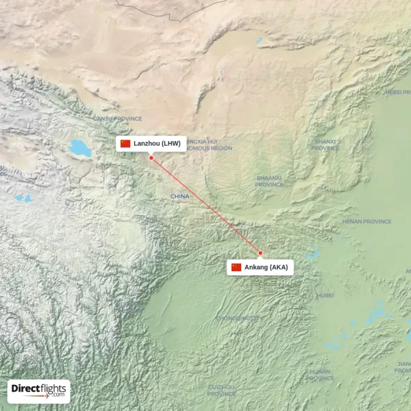 Lanzhou - Ankang direct flight map