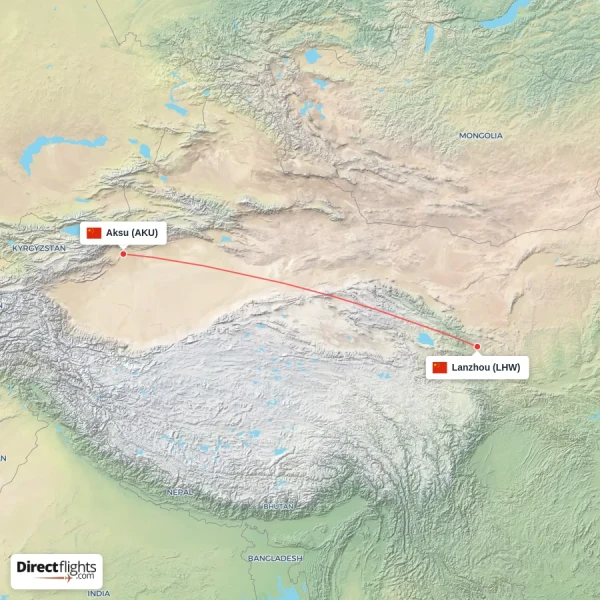Lanzhou - Aksu direct flight map