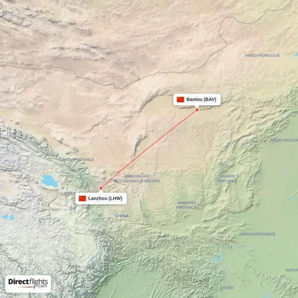 Lanzhou - Baotou direct flight map