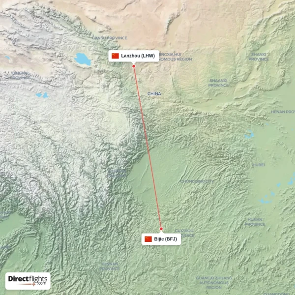 Lanzhou - Bijie direct flight map