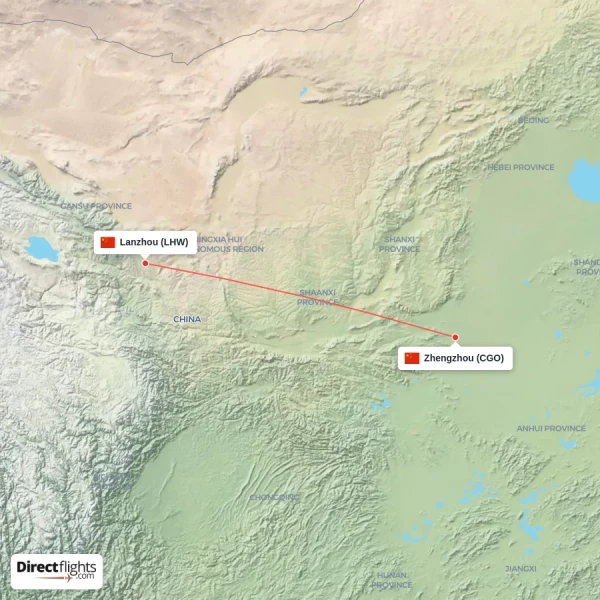 Lanzhou - Zhengzhou direct flight map