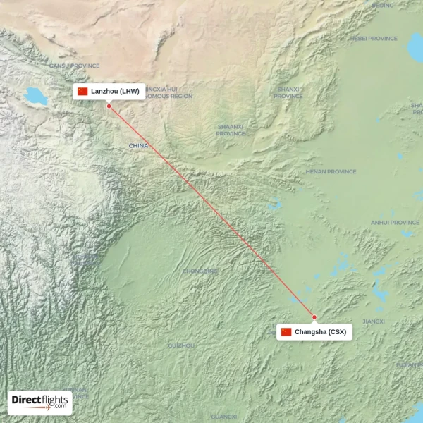 Lanzhou - Changsha direct flight map