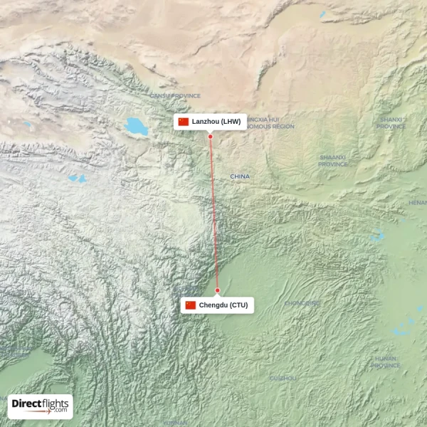 Lanzhou - Chengdu direct flight map
