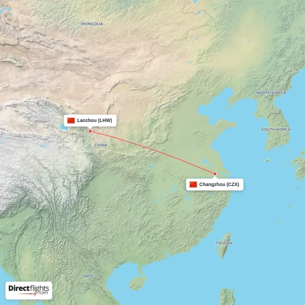 Lanzhou - Changzhou direct flight map