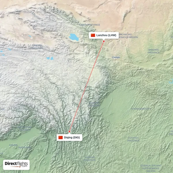 Lanzhou - Diqing direct flight map