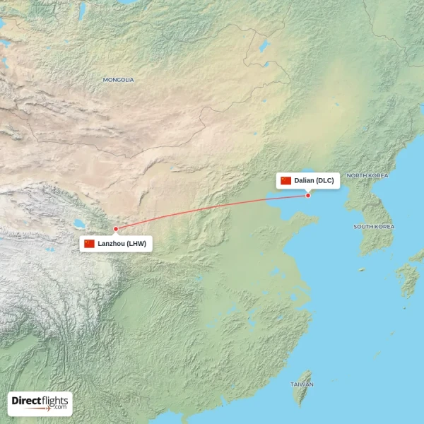 Lanzhou - Dalian direct flight map