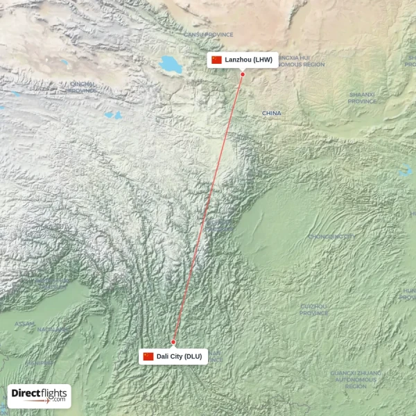 Lanzhou - Dali City direct flight map