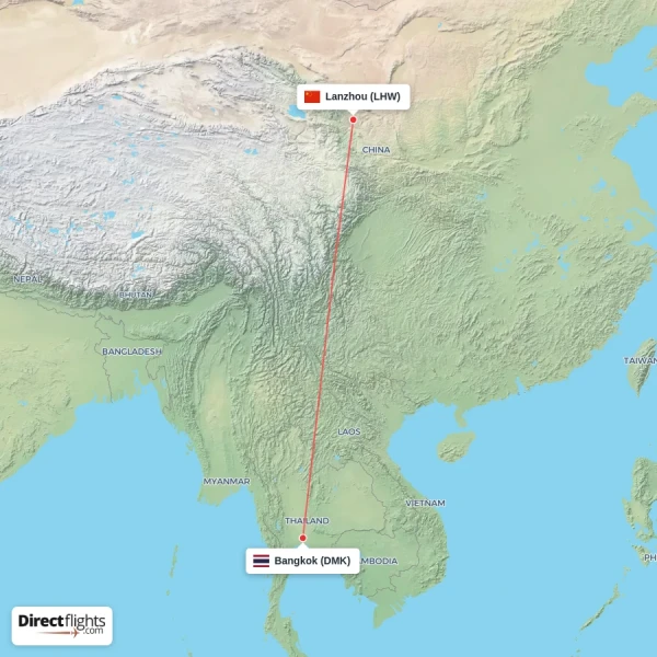 Lanzhou - Bangkok direct flight map