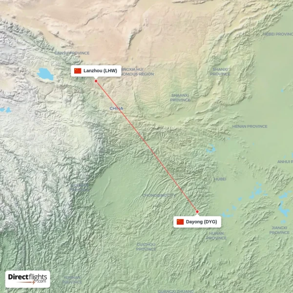 Lanzhou - Dayong direct flight map