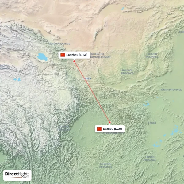 Lanzhou - Dazhou direct flight map
