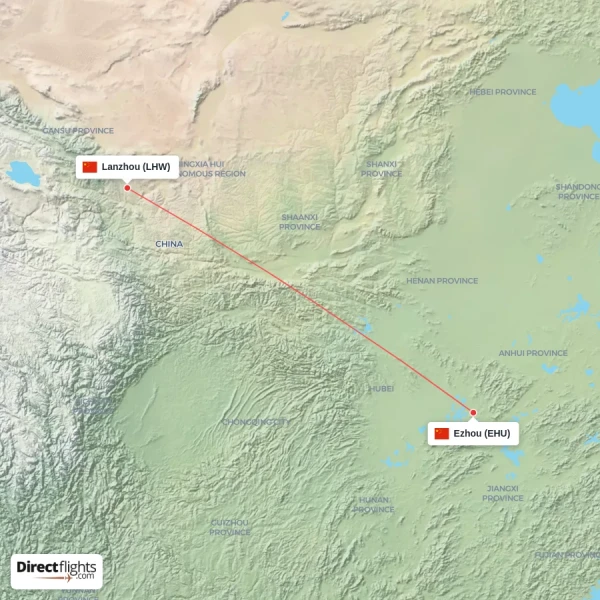 Lanzhou - Ezhou direct flight map