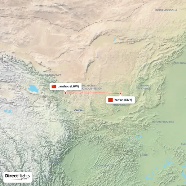Lanzhou - Yan'an direct flight map