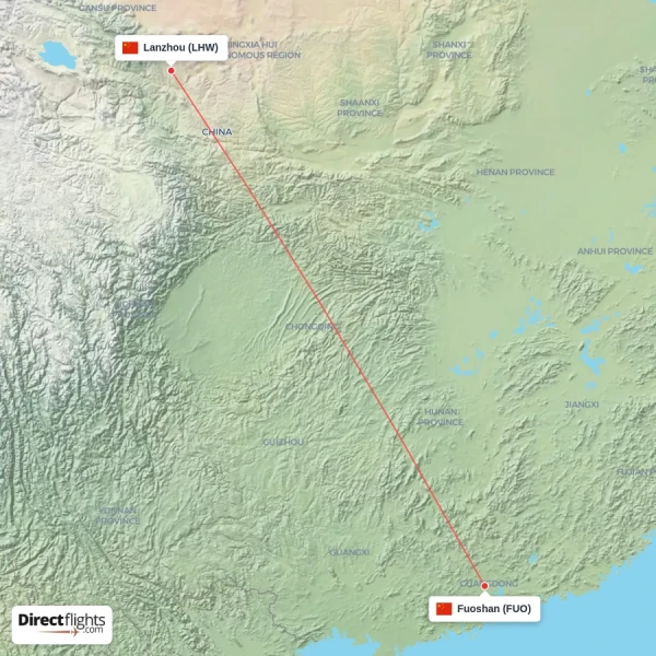 Lanzhou - Fuoshan direct flight map