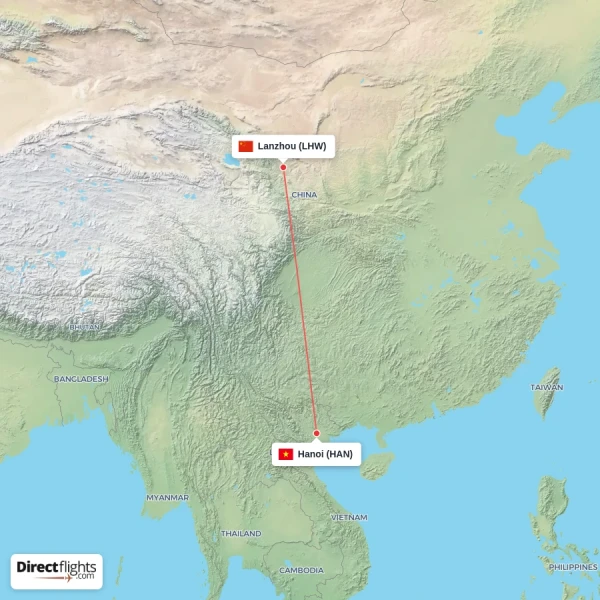 Lanzhou - Hanoi direct flight map