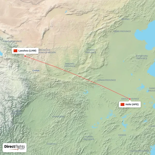 Lanzhou - Hefei direct flight map