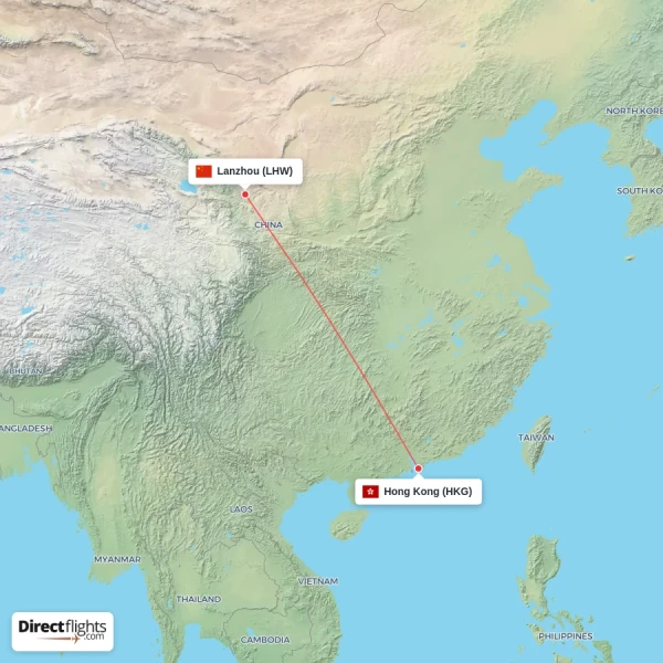 Lanzhou - Hong Kong direct flight map