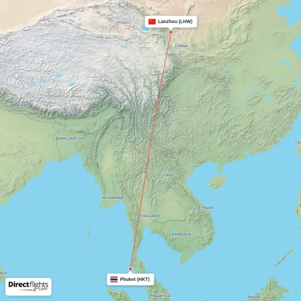Lanzhou - Phuket direct flight map