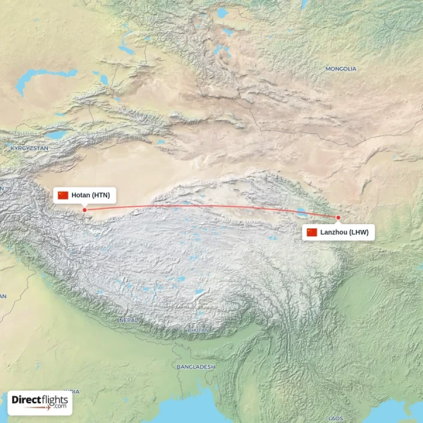 Lanzhou - Hotan direct flight map