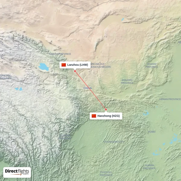 Lanzhou - Hanzhong direct flight map