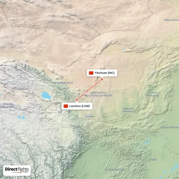 Lanzhou - Yinchuan direct flight map