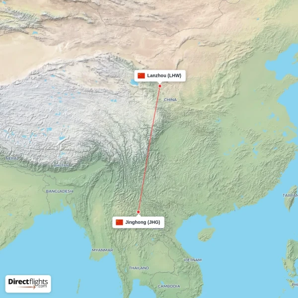 Lanzhou - Jinghong direct flight map