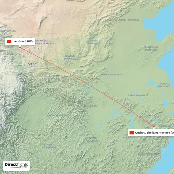 Lanzhou - Quzhou, Zhejiang Province direct flight map
