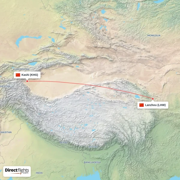Lanzhou - Kashi direct flight map