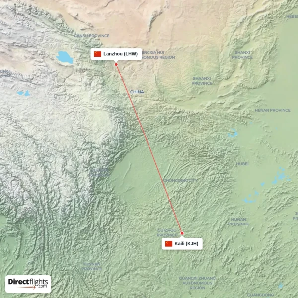 Lanzhou - Kaili direct flight map