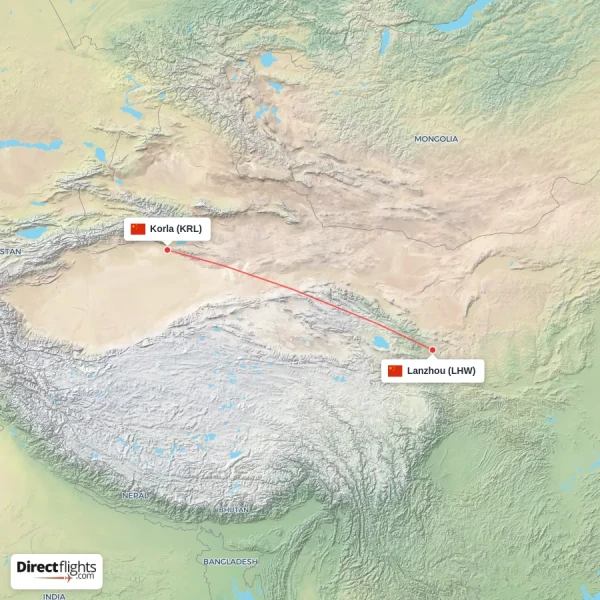 Lanzhou - Korla direct flight map