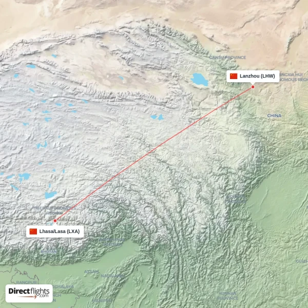 Lanzhou - Lhasa/Lasa direct flight map