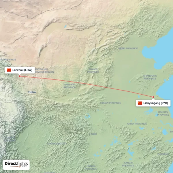 Lanzhou - Lianyungang direct flight map