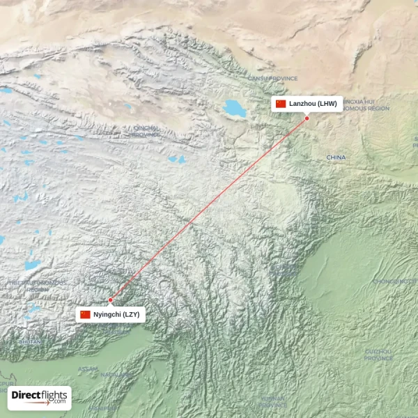 Lanzhou - Nyingchi direct flight map