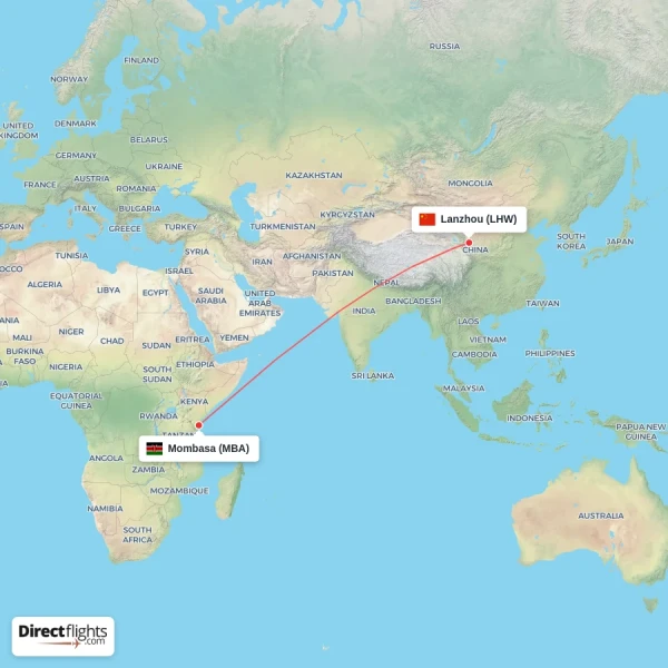 Lanzhou - Mombasa direct flight map