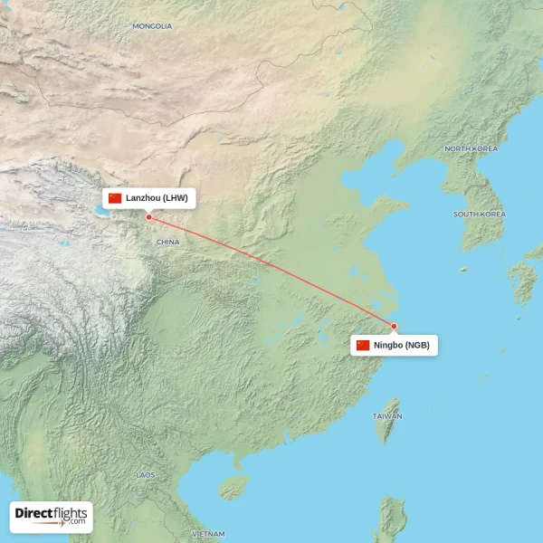 Lanzhou - Ningbo direct flight map