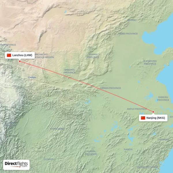 Lanzhou - Nanjing direct flight map