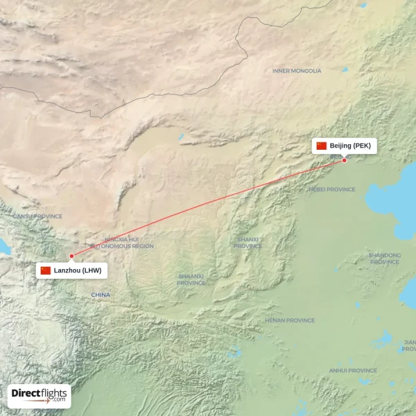 Lanzhou - Beijing direct flight map