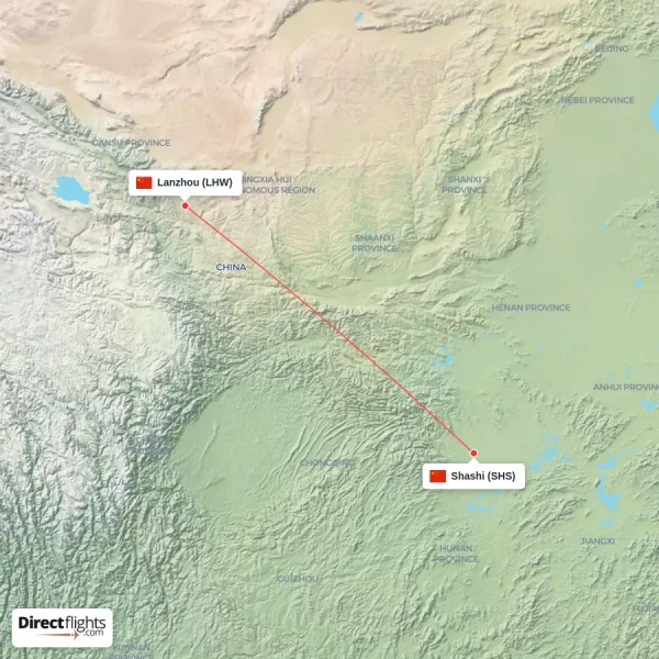 Lanzhou - Shashi direct flight map