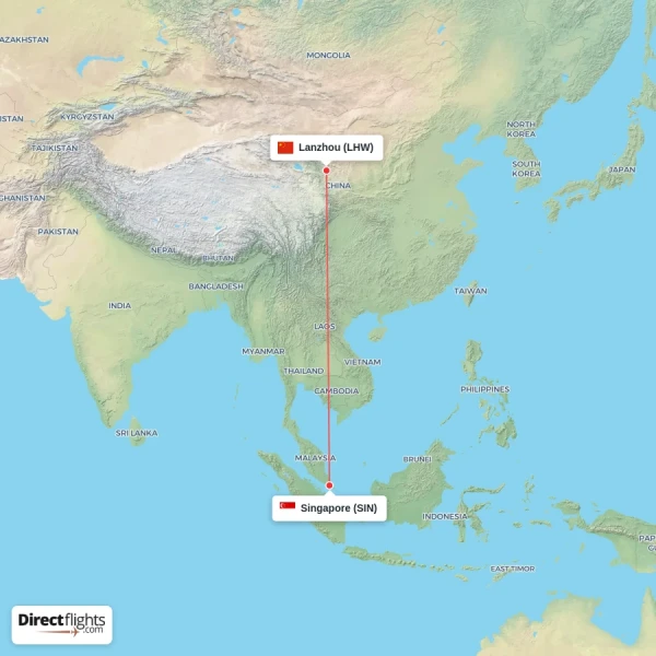 Lanzhou - Singapore direct flight map